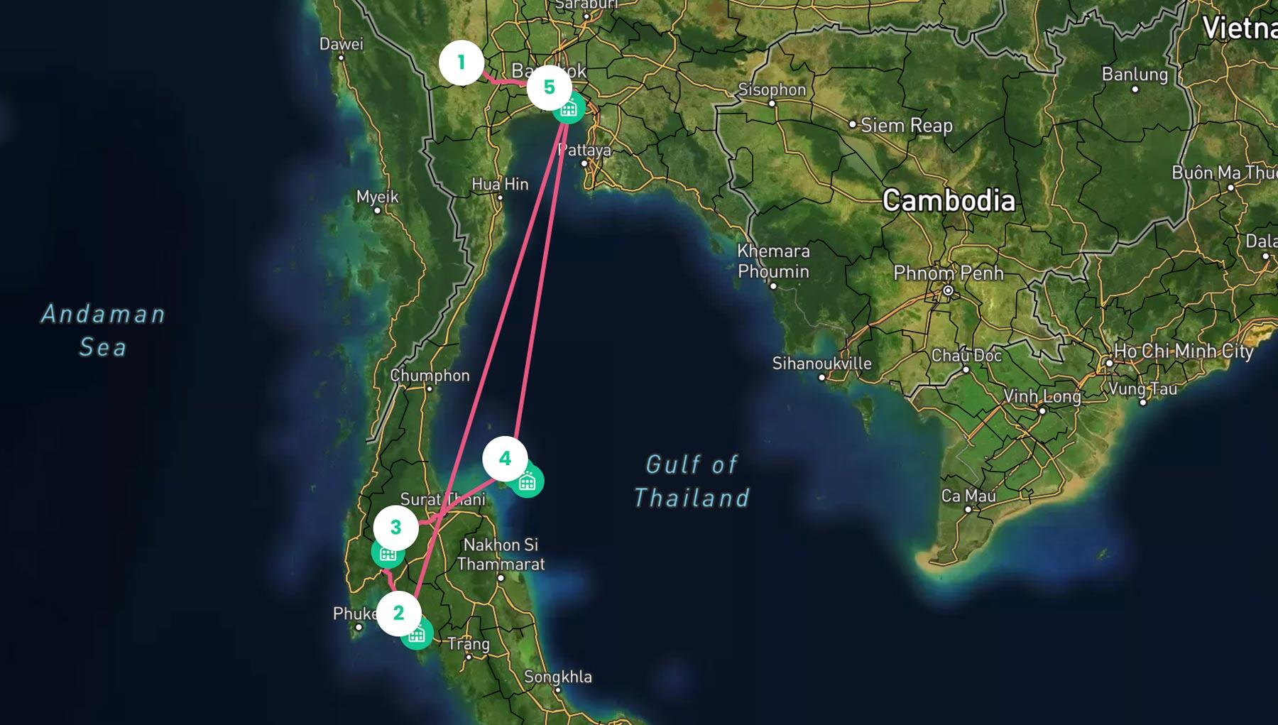 Route door Centraal en Zuid Thailand